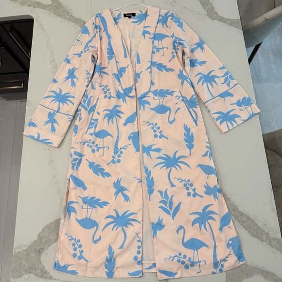 Lulus Tropical Flamingo Tree Print Duster Robe Womens Small Blush Pink/Blue Chic - Picture 1 of 9